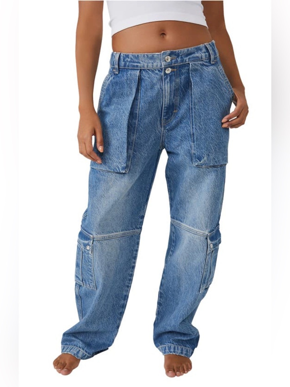 Free People We The Free Cargo Barrel Jeans 28 Utility Wide Leg Baggy Denim Blue